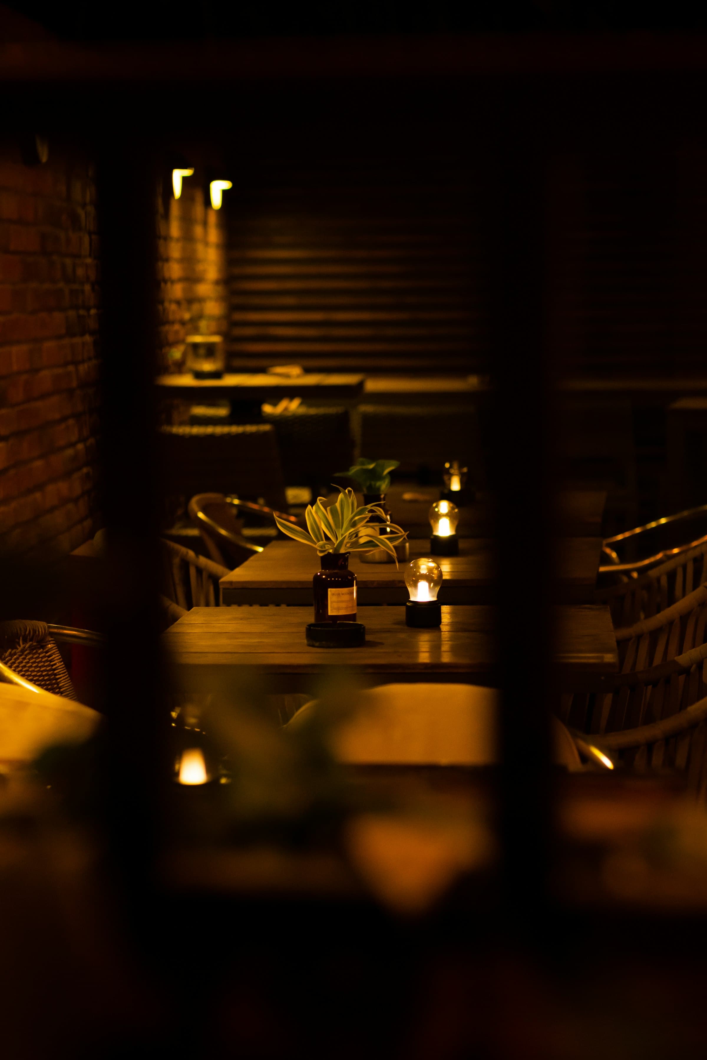 Corner tables at night with tiny filament lamps, plants, and rattan chairs against a brick wall